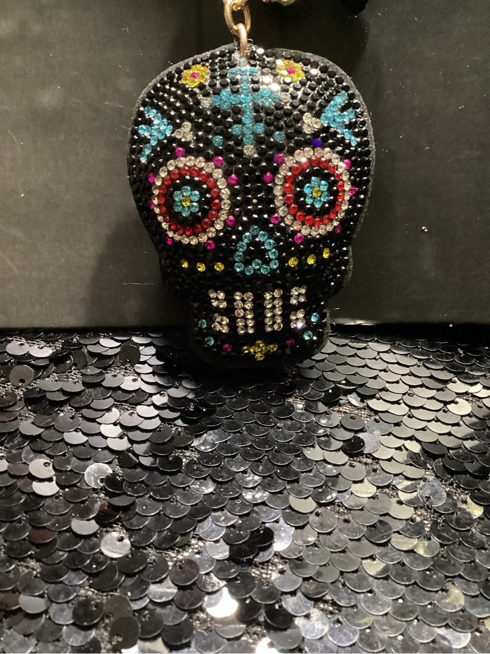 Crystal Sugar Skull Key Charm Card Holder - Black with Multicolor Accents